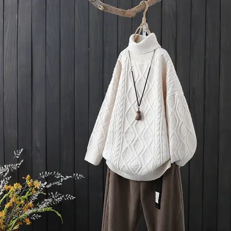 秋冬新款高领针织衫宽松外穿韩版打底复古慵懒风红色毛衣女装上衣图片