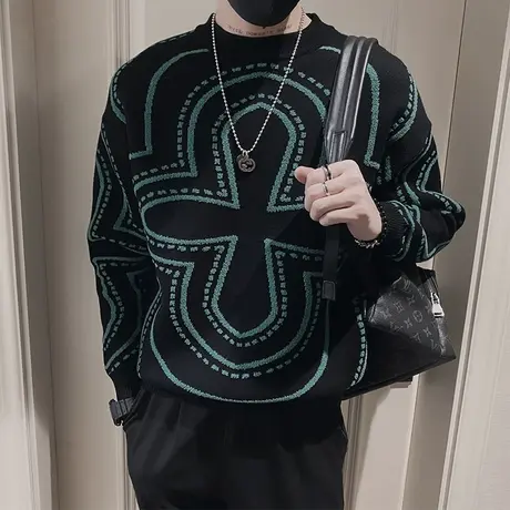 设计感提花毛衣男ins潮流休闲韩版小众轻熟风冬款加厚针织打底衫商品大图