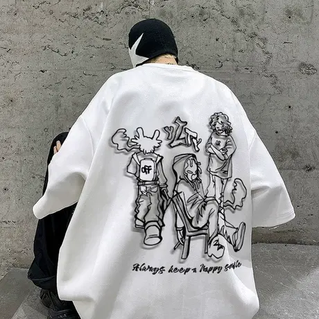 夏季薄款休闲简笔人物印花短袖T恤男潮牌宽松新款情侣圆领半袖衫图片