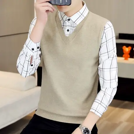 假两件毛衣男士衬衫领帅气针织衫上衣春秋季潮流休闲秋装打底线衣商品大图