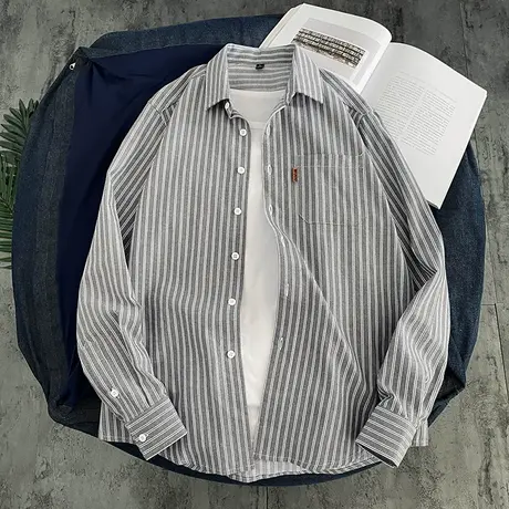 条纹衬衫男士春秋季2023新款宽松日系潮流寸衣外套衬衣男装上衣服商品大图