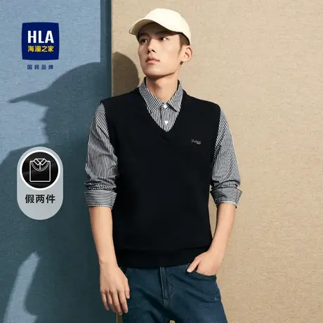 HLA/海澜之家时尚条纹双领针织衫23秋季新款修身绣花假两件毛衣男图片
