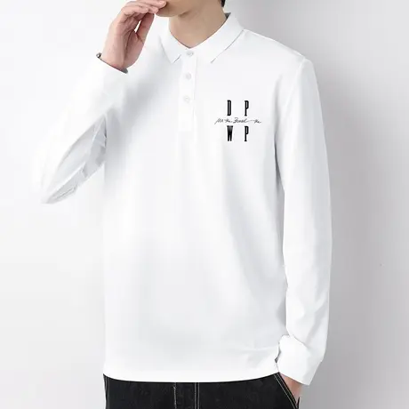 丝光珠地棉翻领polo衫长袖t恤男潮牌保罗带领打底衫白色有领秋衣图片