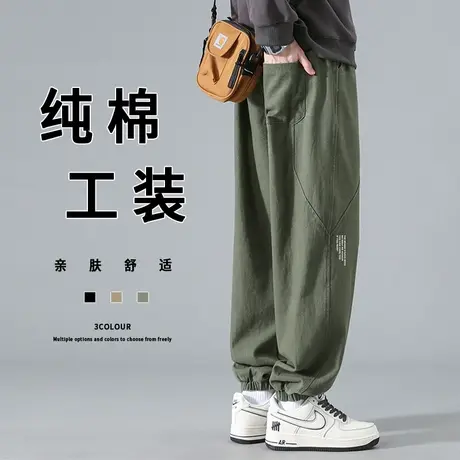 军绿色工装裤男夏季薄款宽松纯棉束脚裤子男士潮牌阔腿运动休闲裤商品大图
