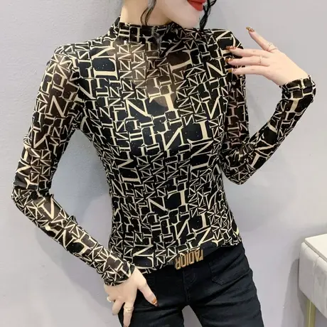 性感网纱打底衫女秋季2023新款字母印花长袖T恤漂亮半高领上衣ins商品大图