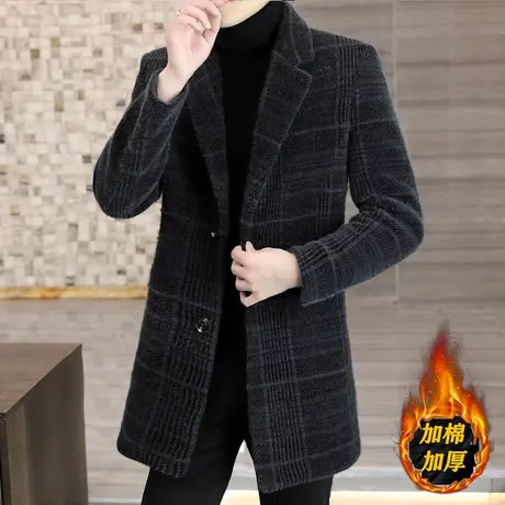 毛呢大衣青年男士秋冬季休闲外套帅气金貂绒格子妮子中长款风衣潮商品大图