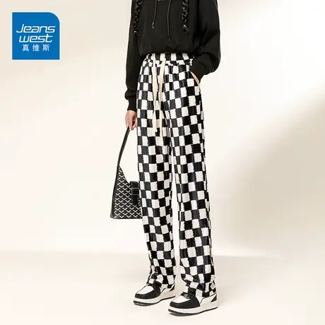 真维斯休闲阔腿裤女2022新款韩版直筒宽松高街裤子棋盘格子裤潮流图片