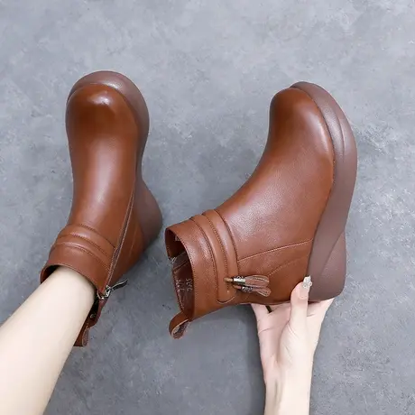 2023新款冬季大码加肥加宽女靴41-43厚底加绒保暖羊毛靴真皮短靴商品大图