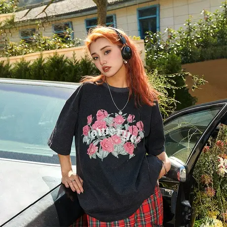 潮牌美式玫瑰花短袖t恤女夏季2024新款ins设计感宽松街头半袖上衣商品大图