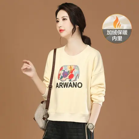 韩潮袭人圆领印花长袖加绒卫衣女2023冬季新款宽松休闲保暖上衣图片