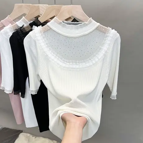 半高领冰丝针织衫女2023春夏秋新款蕾丝打底衫外穿中袖薄t恤衫潮商品大图