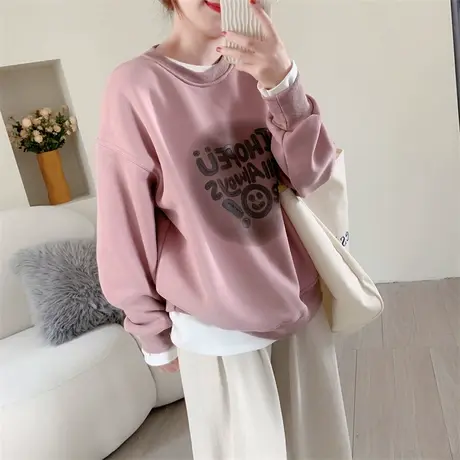 加绒加厚圆领长袖卫衣女秋冬2023年新款款宽松设计感字母印花上衣商品大图