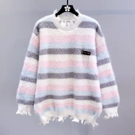 渐变撞色条纹软糯毛衣女冬季2023新款日系学院风宽松破洞针织上衣商品大图