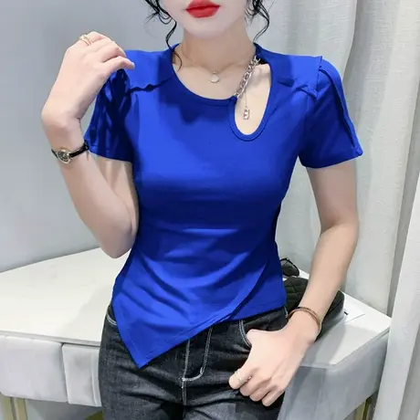不规则下摆上衣女短袖夏季2024新款性感镂空百搭T恤高腰紧身小衫商品大图