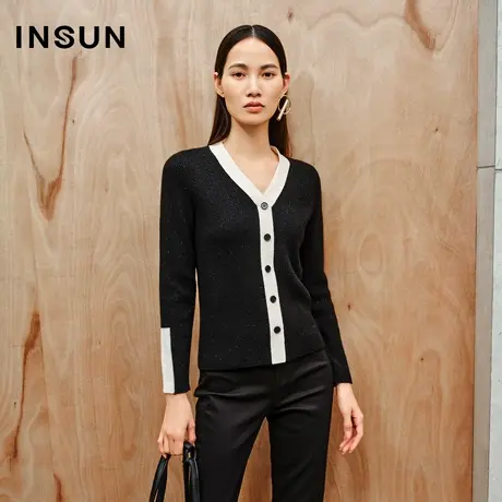 INSUN恩裳线上专选冬季黑白撞色羊绒羊毛V领针织衫图片