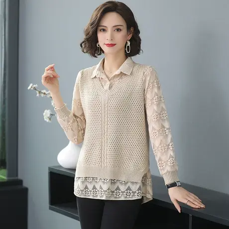 早秋新款针织衫毛衣女衬衫两件套春秋季上衣2023外套马甲背心打底商品大图