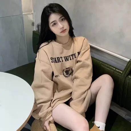 卡其色卫衣女秋冬2024新款美式复古加绒加厚慵懒风宽松中长款上衣商品大图