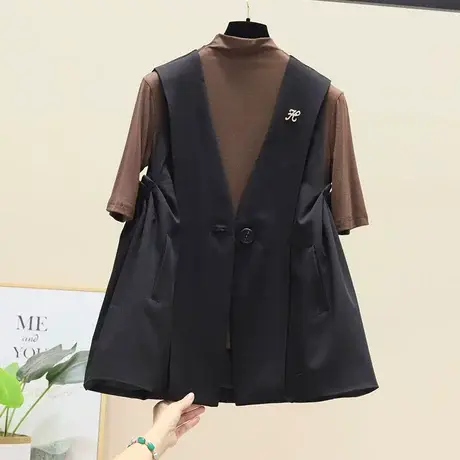 韩国一粒扣纯色西装马甲2023宽松休闲设计师款百褶伞型A字背心女商品大图