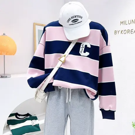 韩国东大门设计感条纹上衣女复古大C字母长袖卫衣外套2023春秋款商品大图