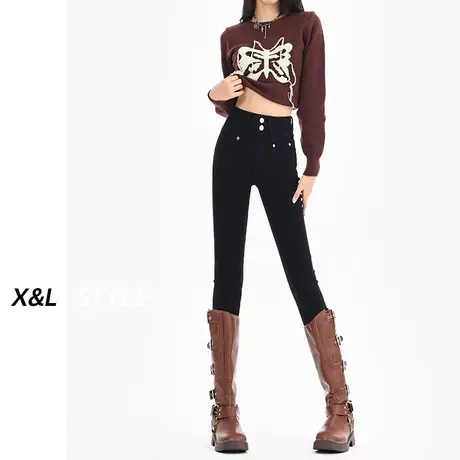 黑色高腰加绒小脚牛仔裤女秋冬季2023新款显瘦弹力紧身铅笔长裤子商品大图