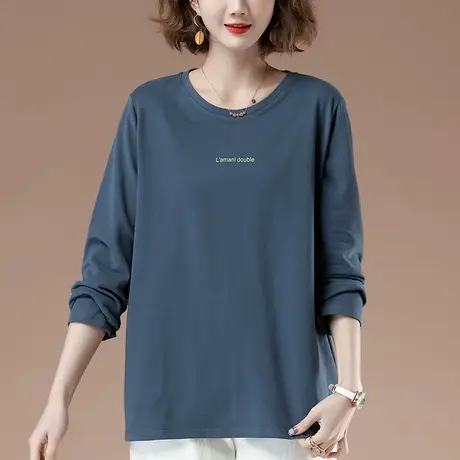 春秋加肥加大码长袖t恤女宽松中年妈妈全棉百搭遮肚子显瘦打底衫商品大图