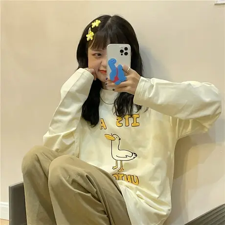 红续自制可爱小鸭子长袖t恤女韩版宽松纯棉春秋薄款上衣2023新款图片