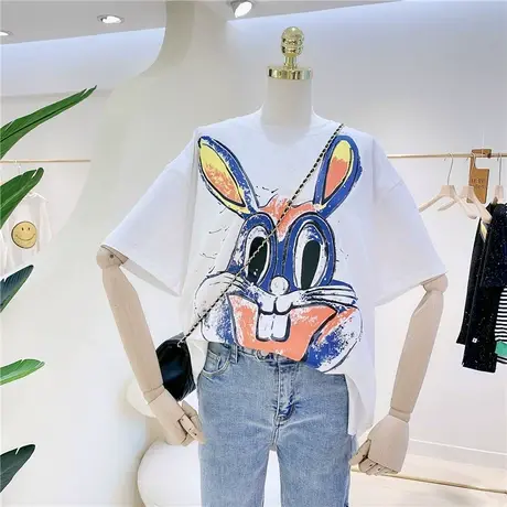 短袖t恤女2021夏季新款韩版ins潮亮晶晶卡通大兔子宽松减龄上衣服商品大图