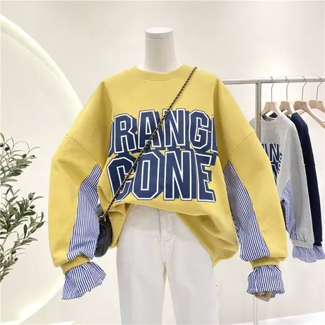 卫衣女春秋薄款2021新款韩版ins潮拼接假两件宽松撞色条纹上衣服商品大图