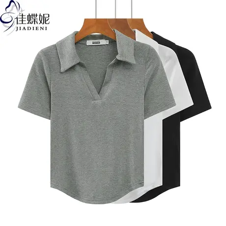 夏季韩翻领下摆圆弧修身纯欲短款纯棉纯色短袖体恤上衣女polo领T商品大图
