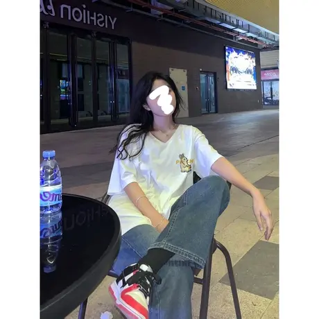 胖mm大码女装新款V领甜辣设计感ins潮宽松纯棉短袖t恤女日系上衣商品大图