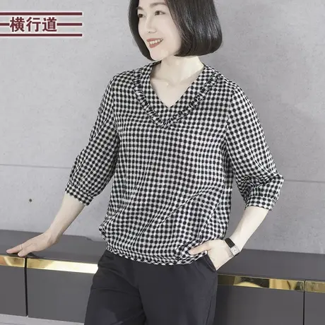 2024春季新款复古简约V领格子宽松中袖雪纺衫外穿上衣服大码女装商品大图