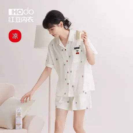 红豆女士凉感睡衣短袖短裤甜美夏季薄款可外穿短袖短裤家居服套装商品大图