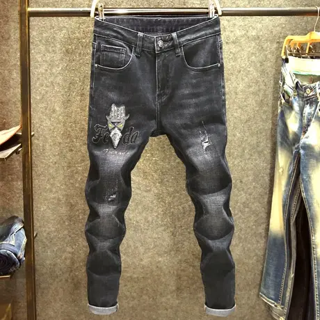 黑色烫钻牛仔裤男士破洞修身小脚长裤春秋厚款潮牌猫须弹力裤子男商品大图