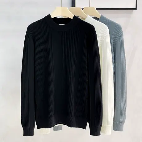 轻奢秋冬季半高领毛衣男宽松百搭条纹毛衫男士白色打底中领针织衫商品大图