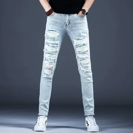 轻奢破洞补丁烫钻牛仔裤男款修身小脚秋冬季高端潮牌裤子2023休闲商品大图