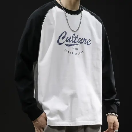 纯棉长袖t恤男春季2024新款潮牌宽松大码撞色男士加绒打底衫春秋图片