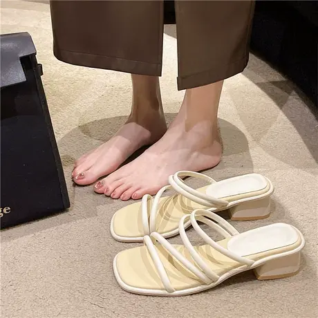 粗跟拖鞋女夏外穿2024新款时尚网红方跟法式凉鞋一字带罗马凉拖鞋商品大图
