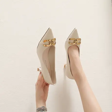 2023年新款气质女神范高跟鞋女细跟百搭金属扣尖头浅口工作单鞋春图片