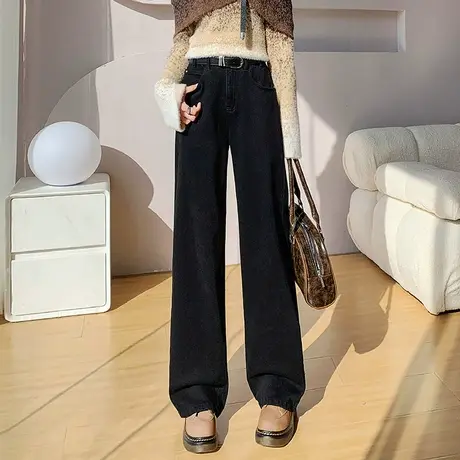 黑色加绒阔腿牛仔裤女秋冬季高腰宽松显瘦休闲垂感加厚直筒拖地裤商品大图
