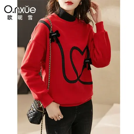 欧昵雪2023秋冬新款休闲半高领加厚加绒保暖卫衣女落肩长袖设计感商品大图