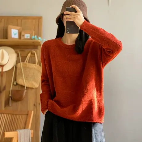 dza 复古方块格子毛衣女秋冬牛绒针织衫宽松圆领上衣休闲打底衫女商品大图