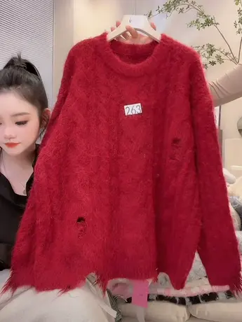 复古设计感红色毛衣女韩版宽松破洞纯色慵懒风宽松针织衫百搭上衣商品大图