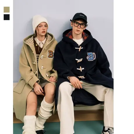 bosie2023年冬季新款大衣男情侣复古学院风牛角扣连帽呢大衣商品大图