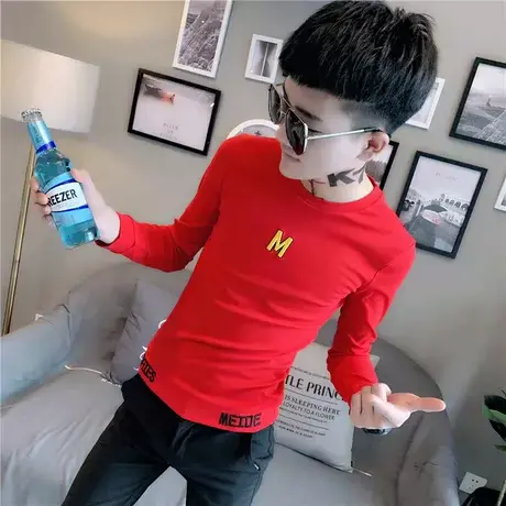 2023新款长袖T恤男韩版修身时尚小伙打底衫体恤男士潮牌网红刺绣商品大图