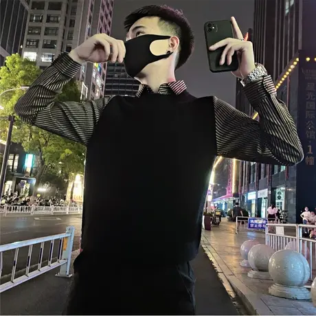 秋装假俩件毛衣时尚休闲个性潮牌潮流针织衫百搭青年ins打底衫男商品大图