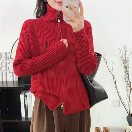 红色拉链毛衣外套女2023秋冬新款爆款时尚外搭针织开衫洋气上衣商品大图