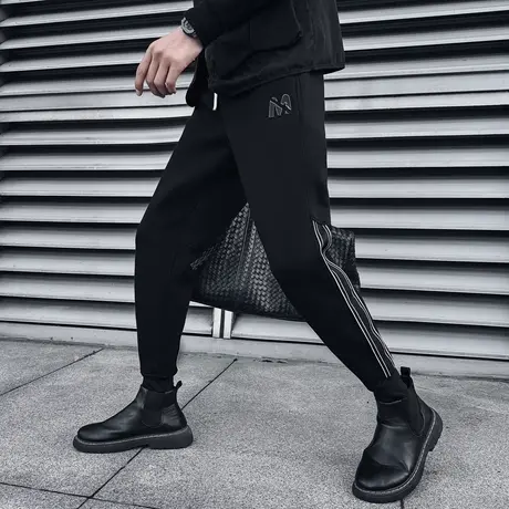 冬季加绒卫裤男潮流宽松束脚加厚拼接条纹休闲裤2023新款运动男裤图片