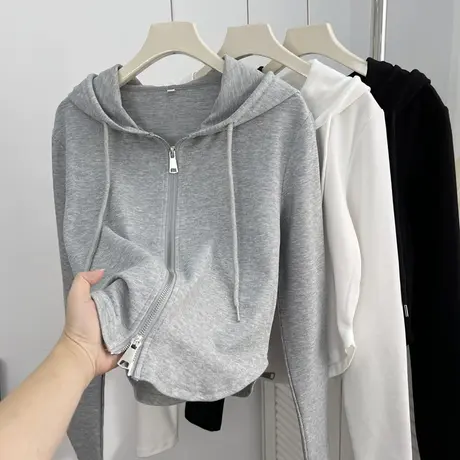 双拉链连帽卫衣短款外套女春秋薄款小个子微修身显瘦休闲长袖上衣商品大图