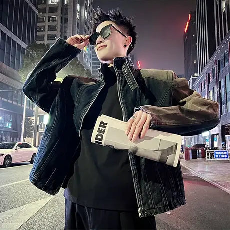 潮牌复古水洗做旧牛仔外套男春季个性重磅设计感小众机车夹克上衣商品大图