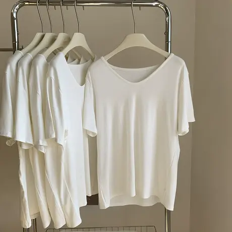 舒适至上~宽松显瘦纯色U领T恤女春夏新款休闲短袖打底衫百搭上衣商品大图